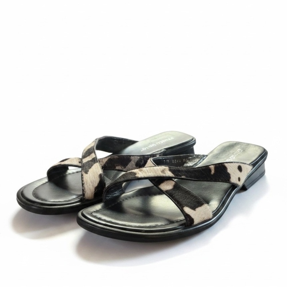 Franco Sarto Slide Sandals 8.5 Black Cow Print Calf Hair Wedge Western Chic